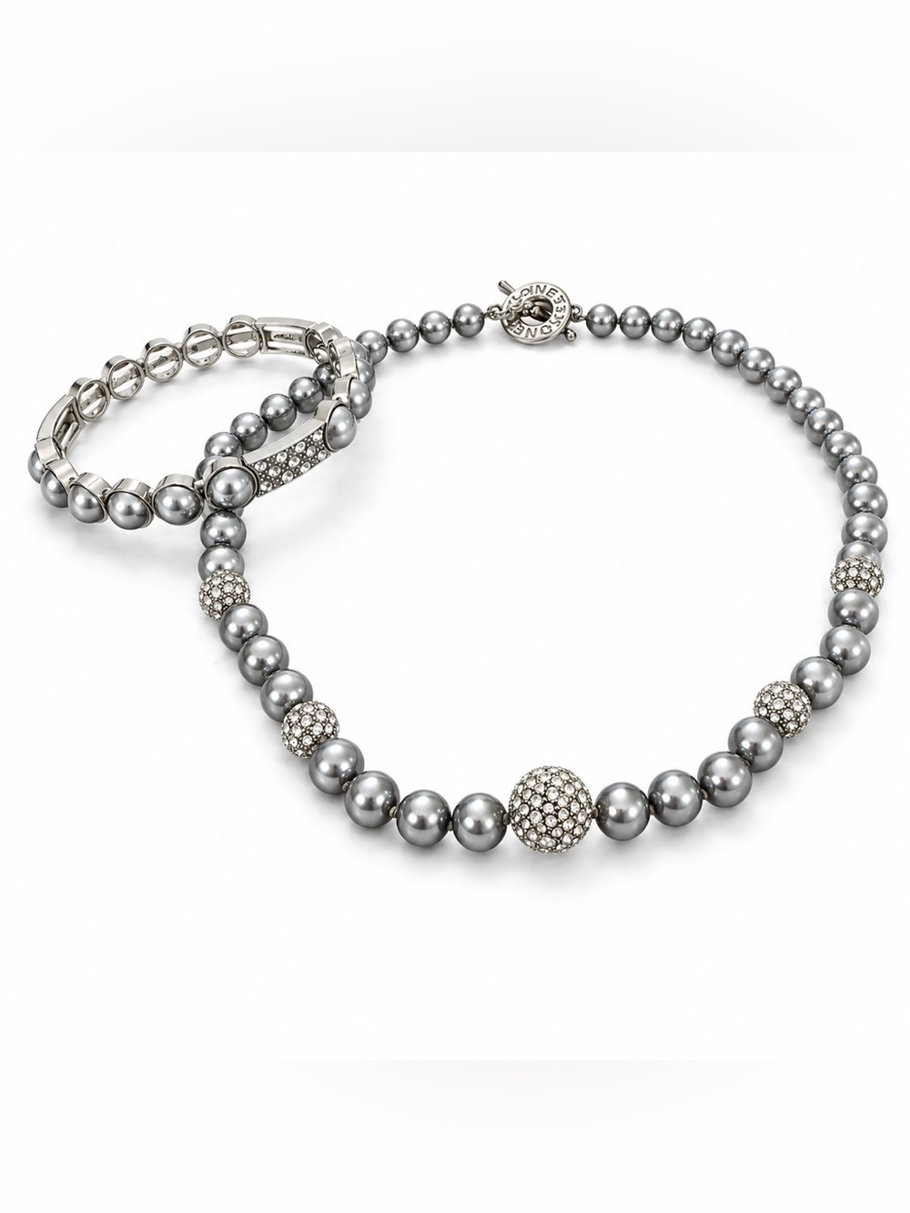 MONET Gray Faux Pearl and Pave Crystal Bead Necklace and Earring Set